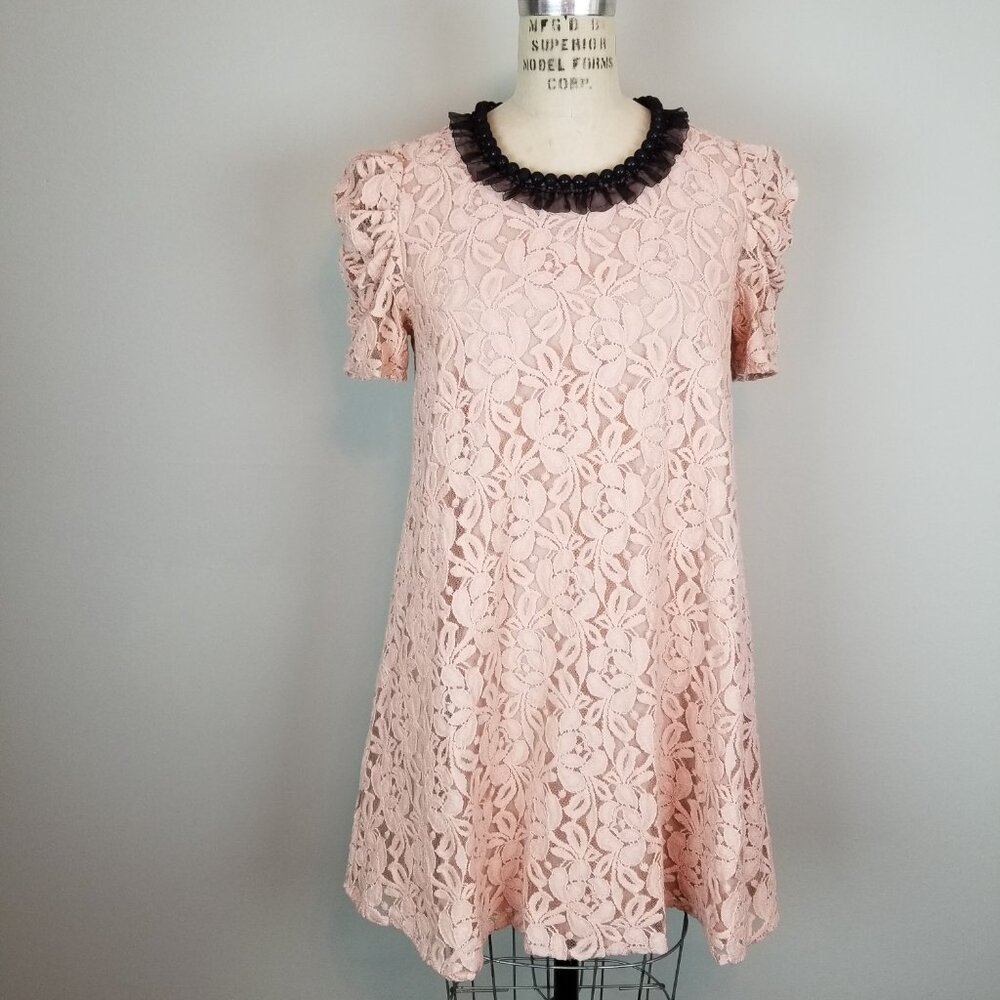 Vintage Style Pink Lace A Line Shift Dress w/ Net Covered Black Beaded Neckline